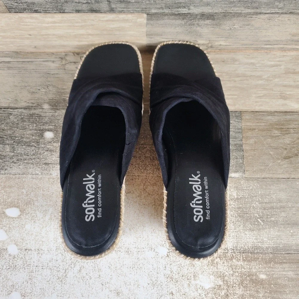 SoftWalk Hastings Women Wedge Slide Sandal Sz 9.5 N Black Suede Slip On Open Toe